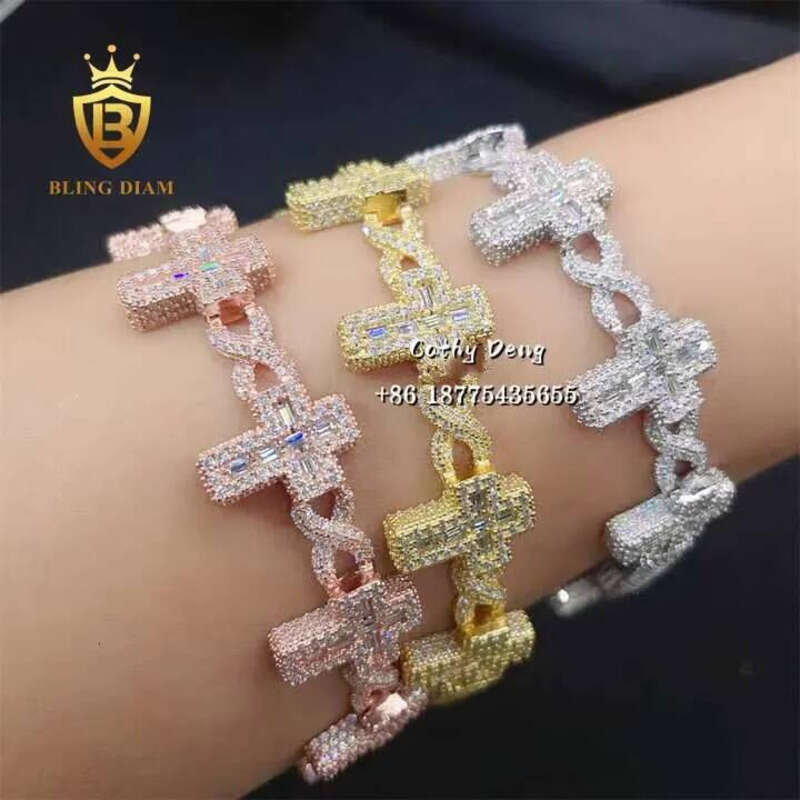 New Custom Hiphop Sterling Sier Cross Design Baguette Moissanite Dia Ice Out Cuban Link Chain Bracelet