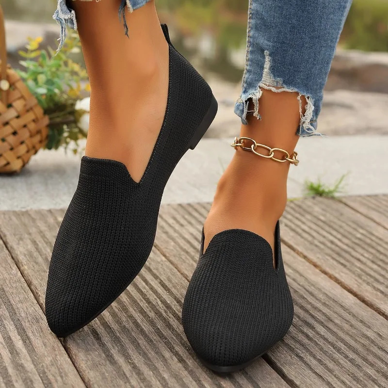 Womens Pointed Toe Flat Shoes Solid Color Knitted Slip on Shoes Casual Breathable Ballet Flats Women Flat Shoes Loafers Women 250805