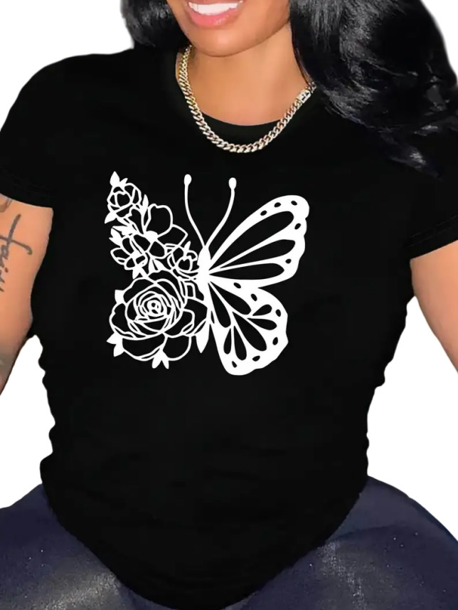 Woman Shirt Spanish letters shirt for woman designer Butterfly pattern print Summer new t shirt woman DIY Custom flower shirt woman 180g 100% cotton t