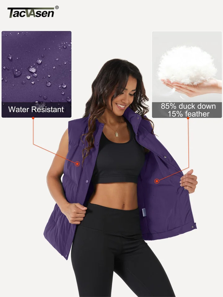 TACVASEN Winter Puffer Duck Feather Down Coats Womens Warm Sleeveless Outwear Waistcoats Zip-up Button Lightweight Padded Vests 250804