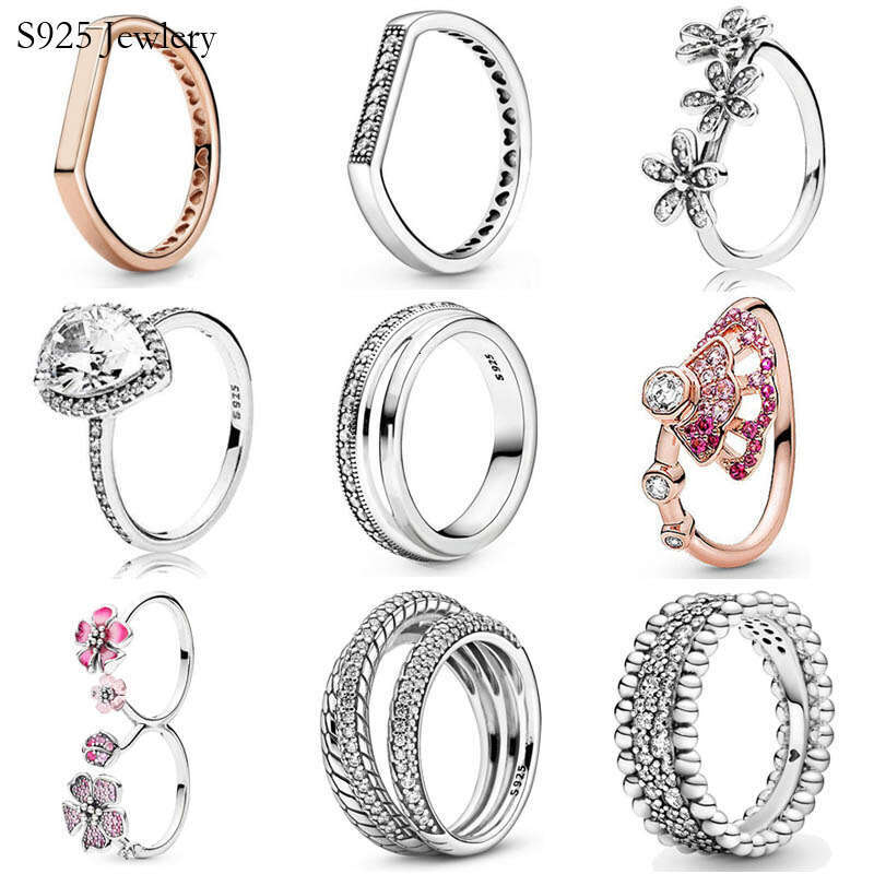 New 925 Sterling Silver Ring Bar Stacking Signature Triple Beaded Pave Band Radiant Teardrop Pink Fan For Women Jewelry
