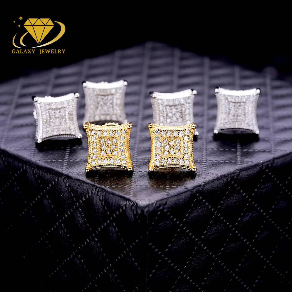 Bling Men Fine Body Jewelry Iced Out 925 Sterling Silver Vvs Diamond Moissanite Square Screw Back Stud Earrings