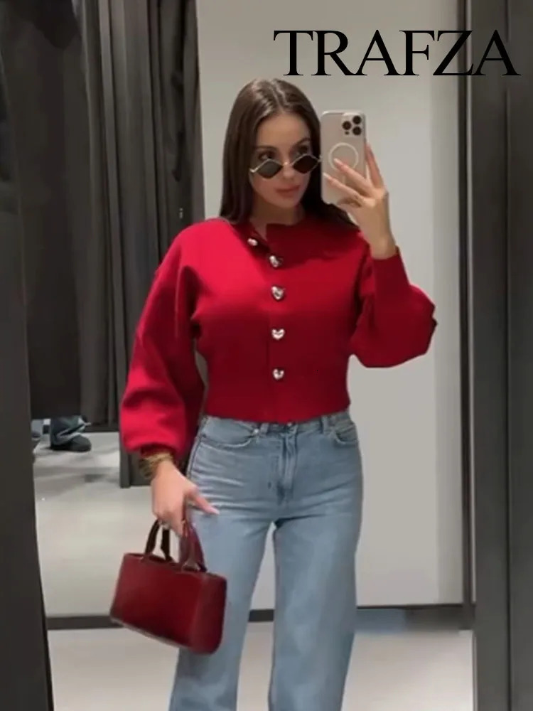 TRAFZA Women Fashion Solid Tops Heart-shaped Buttons Cardigans Female Spring Casual Long Sleeve O-Neck Knitting Sweaters Coats 250804