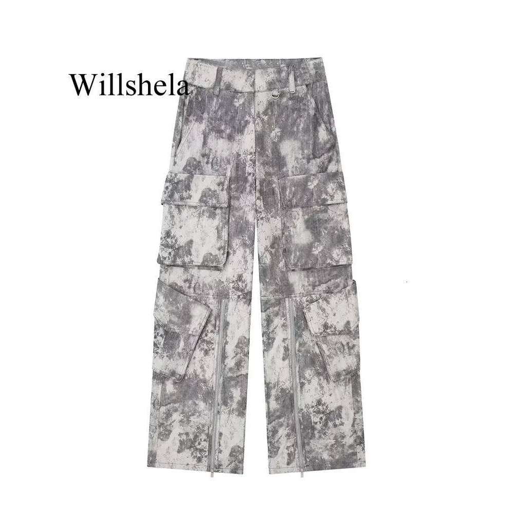 Willshela Women Fashion With Pockets Printed Front Zipper Cargo Pants Vintage High Waist Full Length Female Chic Lady Trousers