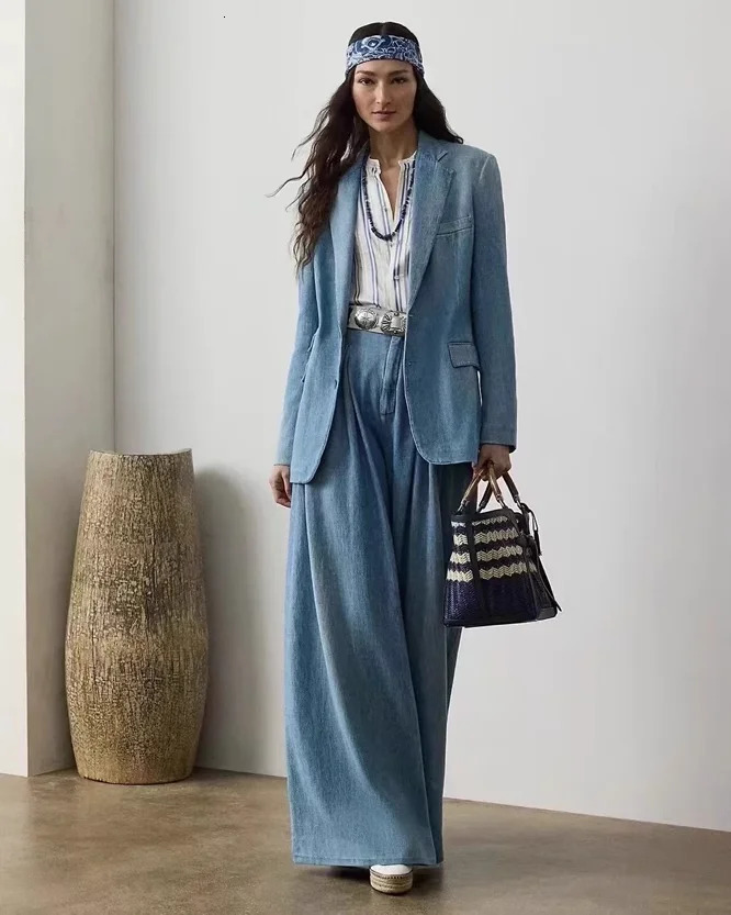 High Quality Cotton Pants Elegant Womens Denim Blue Blazer Outfits Fashion Ladies Vest Business Wear 250728