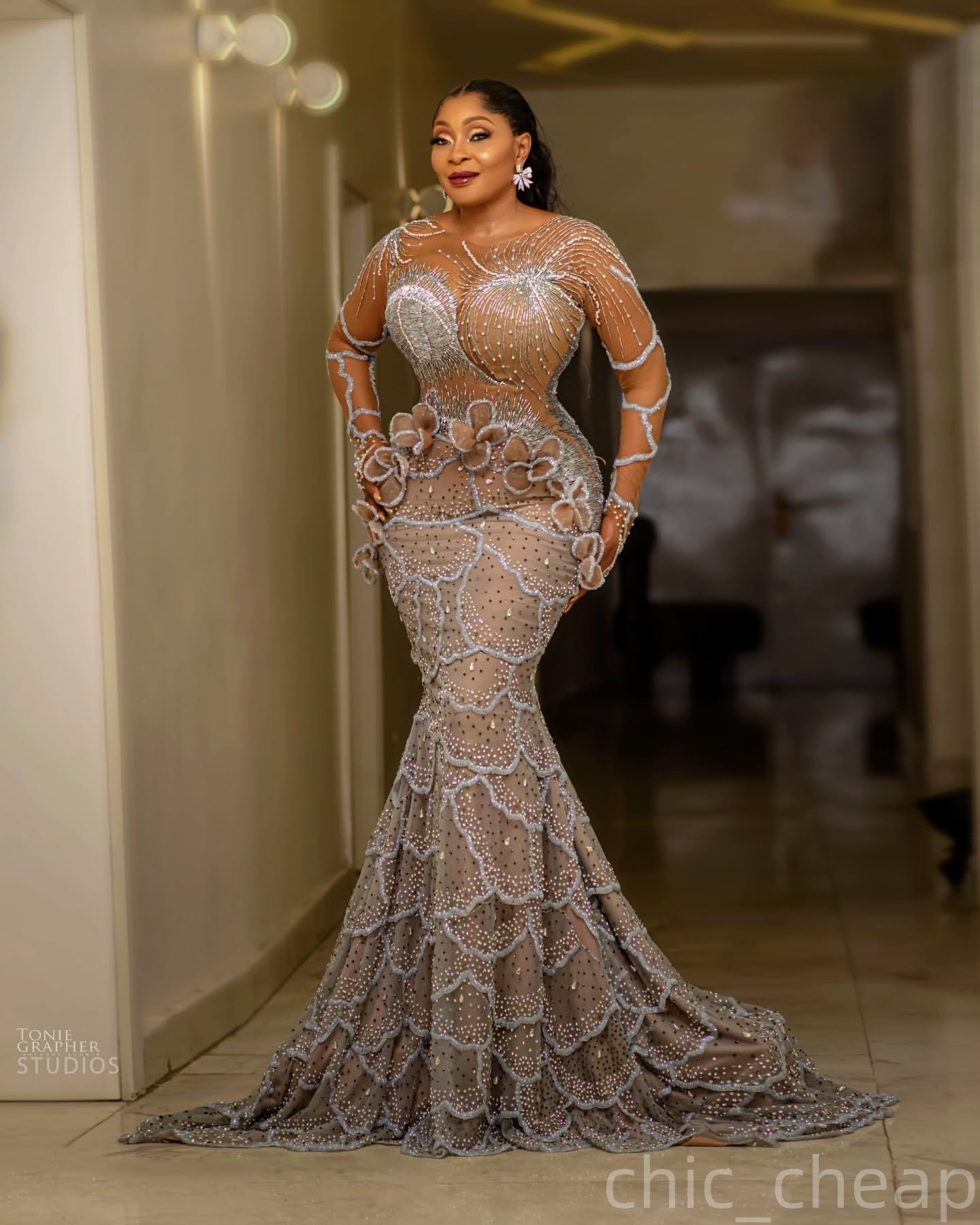 Mermaid Brown Prom Dresses 2025 Crystals Beaded Flowers Illusion Evening Formal Party Second Birthday Engagement Gowns Plus Size Dress For Special Occ