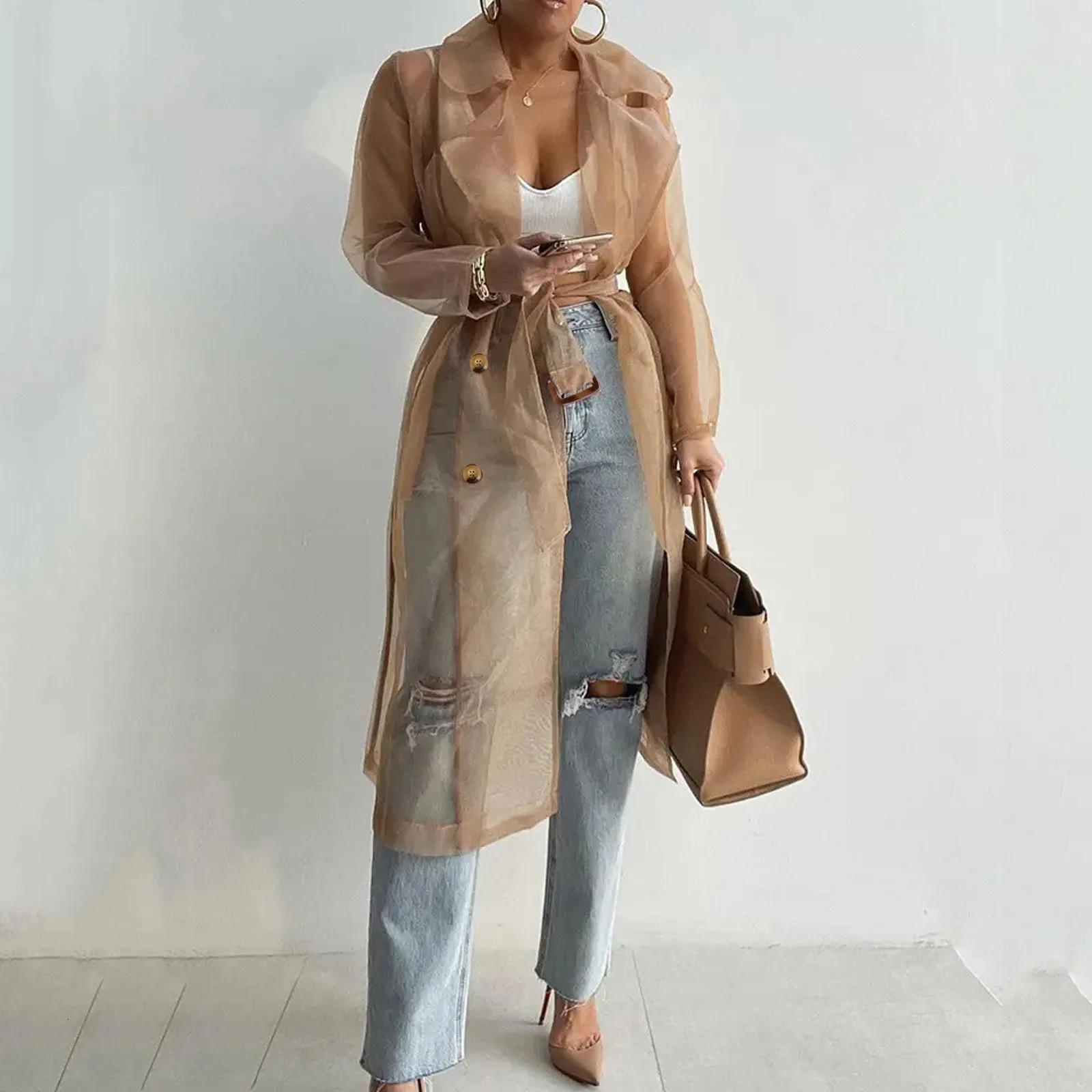 Jackets For Womens Mesh Transparent Overcoat Long Sleeve Buttoned Coat With Belt Turndown Collar Light Weight 250808
