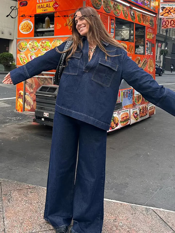 Street Loose Jeans Suits Women Solid Lapel Full Sleeve Pockets Top High Waist Wide Leg Pants 2025 Spring Chic Casual Lady Sets 250804