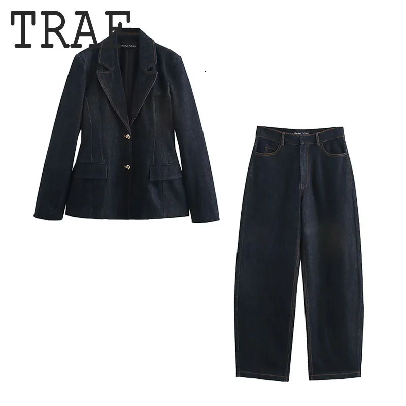 TRAF Elegant Womens Sets Denim Long Pants Set Single Breasted Long Sleeve Woman Denim Blazer Coats Sets For Women 2 Pieces 250728