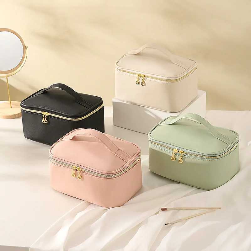 Fi Korean Large Square Tote Travel Cosmetic Bags Case PU Leather Makeup B Toiletry Organizer Storage Bag Y250808