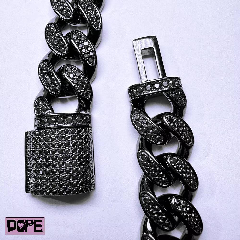 Iced Out 10mm Wholesale Cuban Link Chain VVS Moissanite 925 Sterling Silver Black Moissanite Cuban Chain