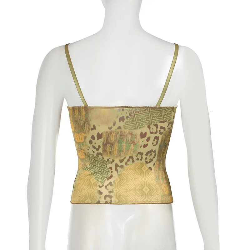 Y2K Vintage Womens Sleeveless Cami Tops Spaghetti Strap Abstract Print Ribbon Tieup Front Camisole Tank Summer Clothes 250807