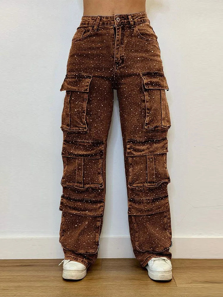 Plus Size Womens High Waist Cargo Denim Jeans With Full Rhinestones Sparkling Casual Baggy Pants Streetwear Chic Daily Trousers 250804