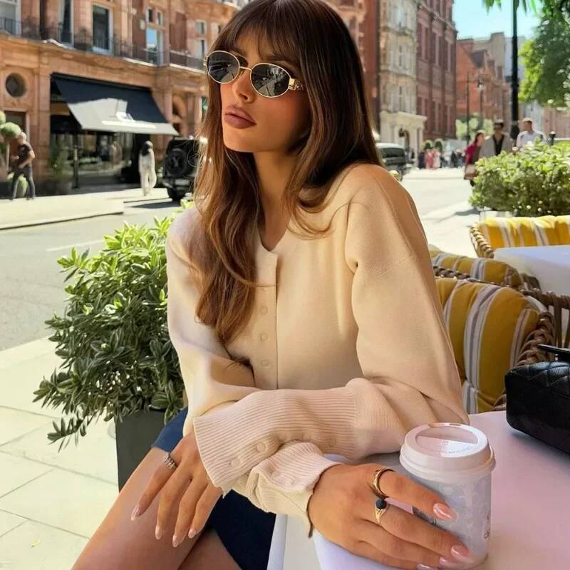 Women's High Waist Round Neck Single Breasted Cardigan Solid Long Sleeve Short Sweater Top Autumn Slim Bottoming Shirt dongdumaoyi