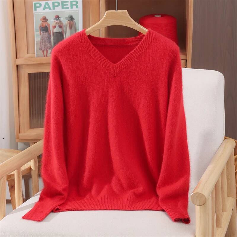 100% Mink Cashmere Sweater V-Neck Versatile Women Knitted Fall Winter Premium Clothes Casual Warm Long Sleeve Pullover dongdumaoyi