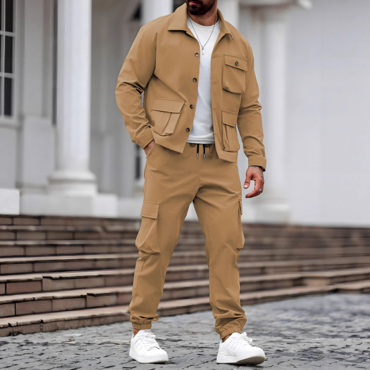 Fashion Solid Color Street Wear Trendy Slim Short Sleeve Lapel Shirt Pants Outfits Men Casual 2 Piece Sets black gray khaki