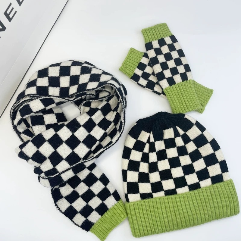 INS New Checkerboard Pattern Contrast Color Knitted Hat Winter Couple Casual Warm Cold Hat Beanie Gorros