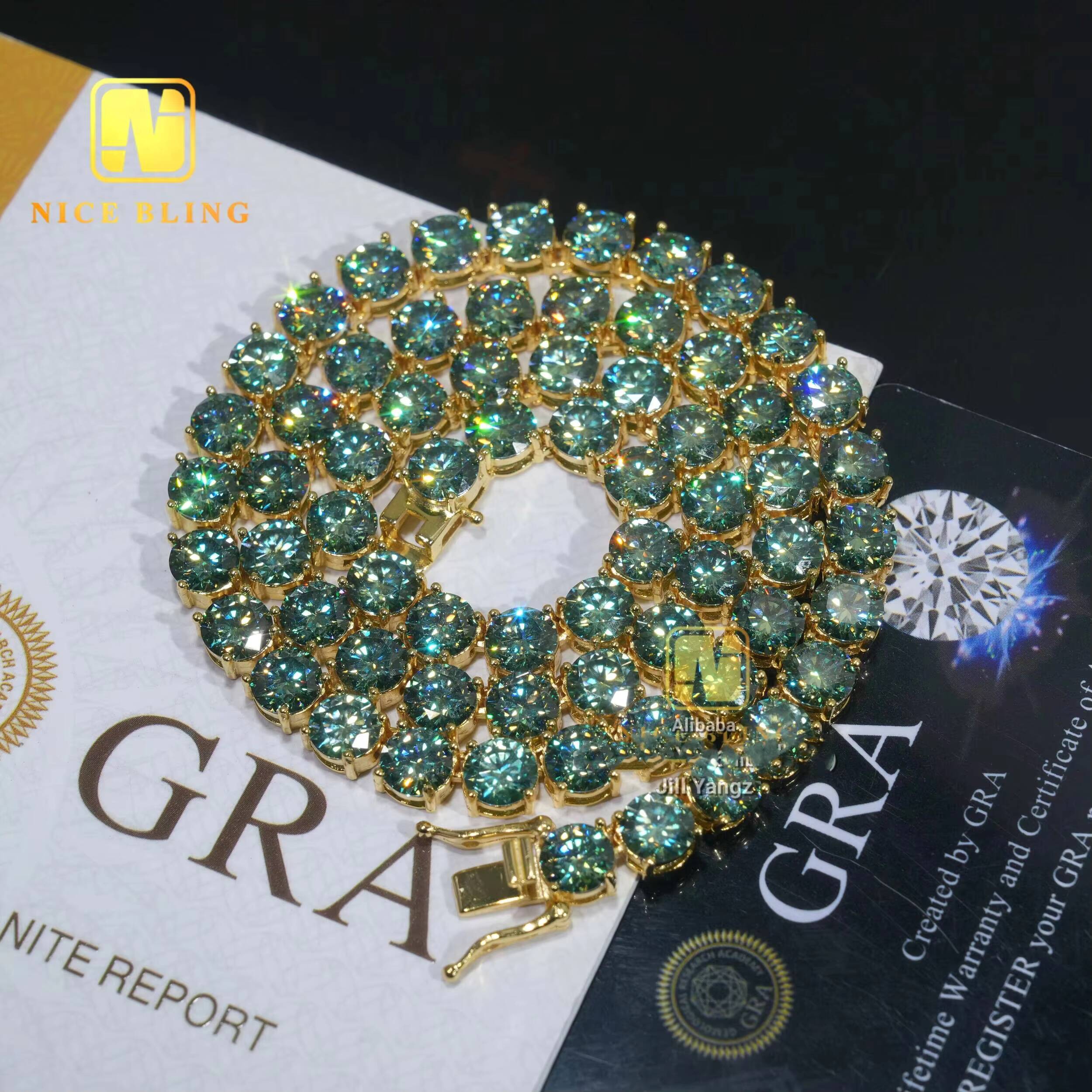 Ready Stocks High Fashion Pass Diamond Tester 5mm Dark Blue Green Moissanite Tennis Necklace Bracelet Hip Hop Jewelry