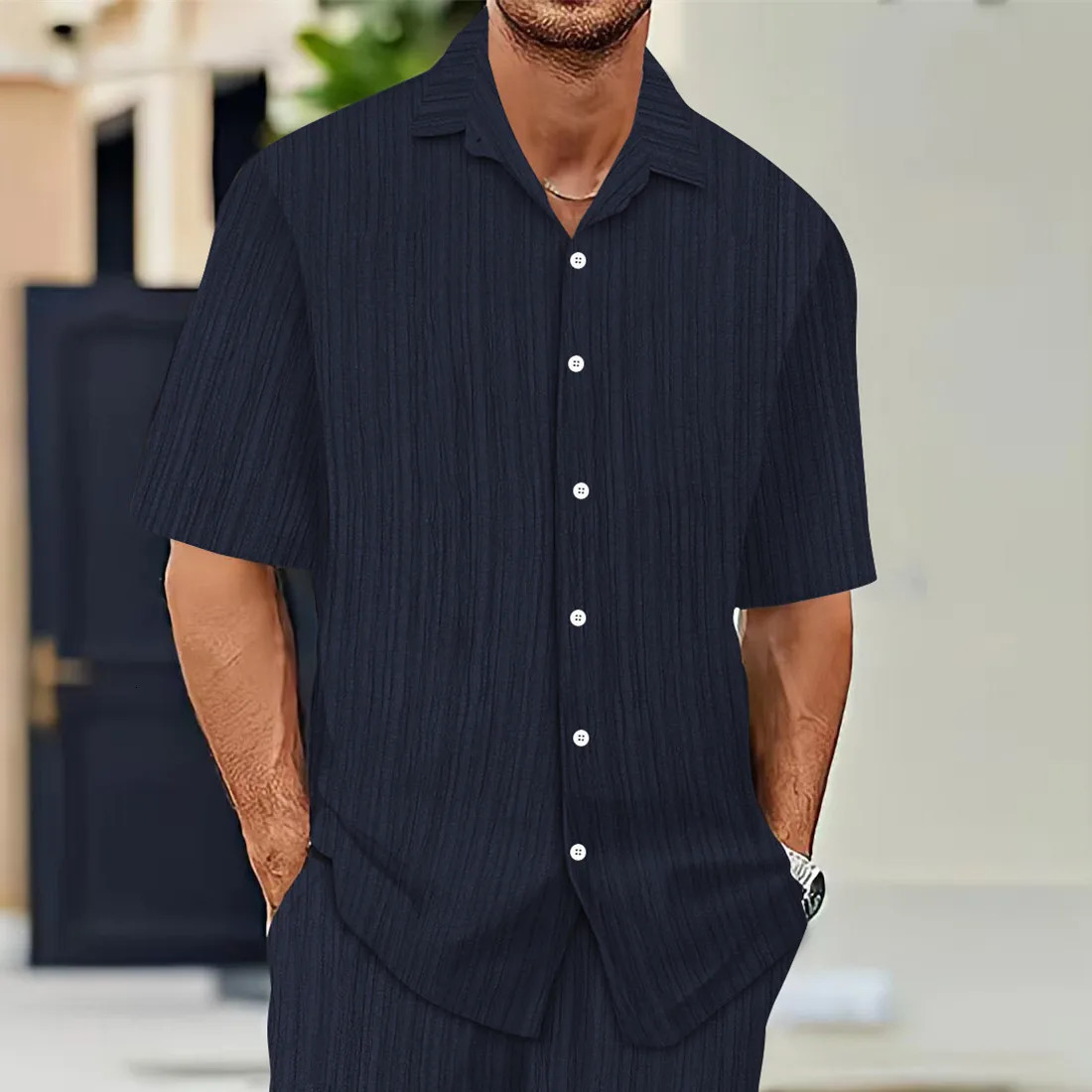 Mens ShortSleeved Shirts Summer Solid Color Turndown collar Casual Beach Style Plus Size 250807