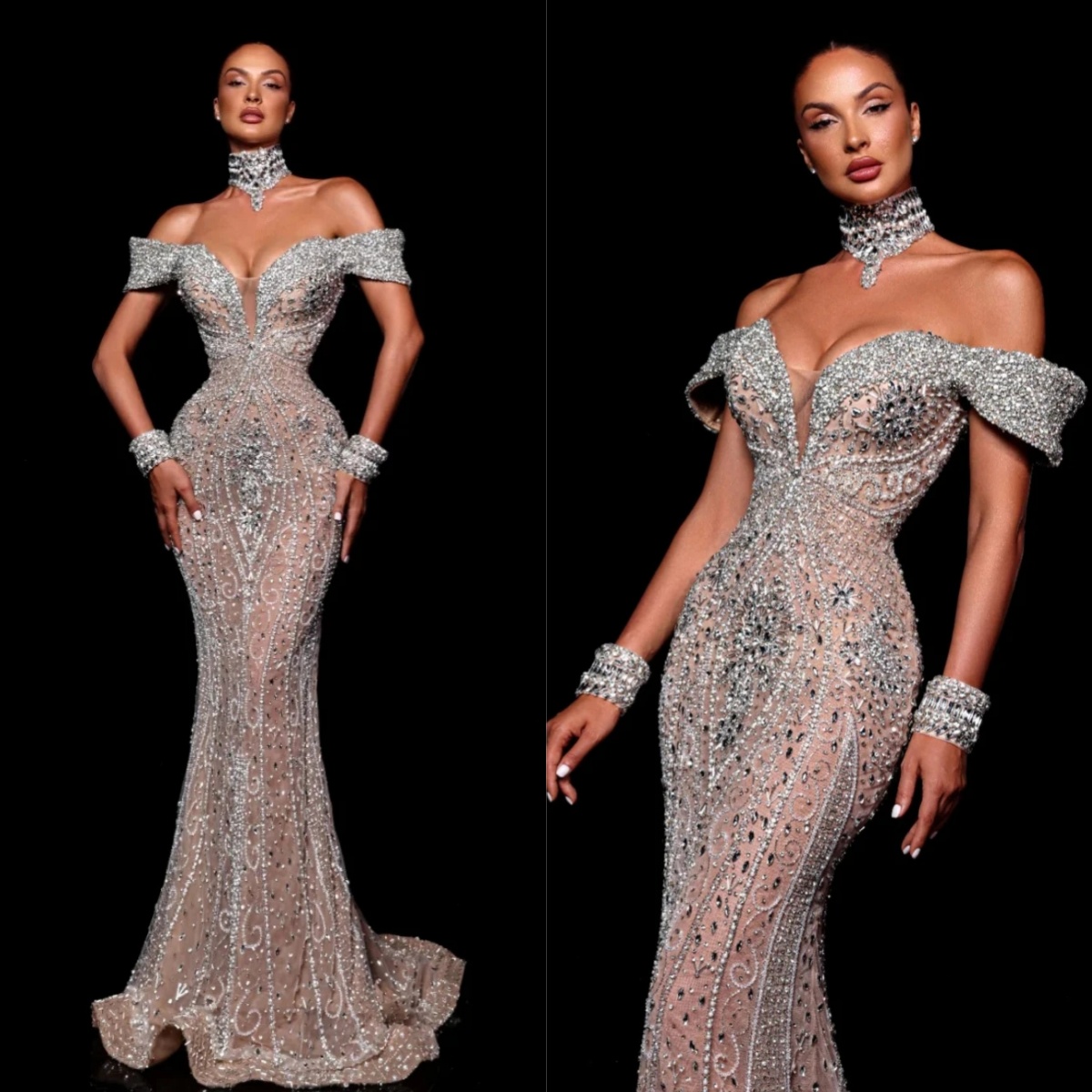 Exquisite Beading Lace Evening Dresses Customized Sexy Sequined Off The Shoulder Prom Dress Crystal Floor Length Party Gown