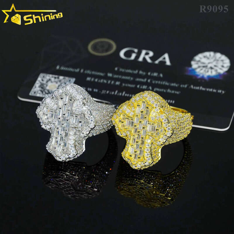 Hip Hop Fashion Iced Out Vvs Moissanite Cross Engagement Sterling Sier Men Dia Ring