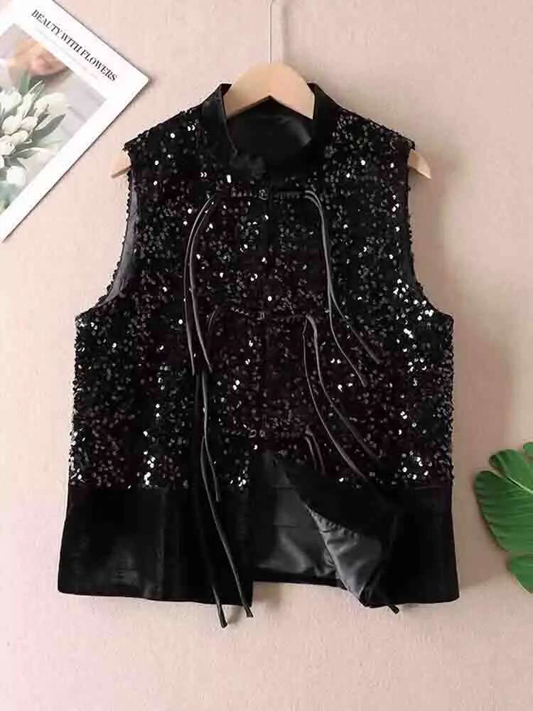 Chinese Style Sequined Vest Jacket Velvet Shining Autumn Premium Sleeveless Coat Women Shoulder Jacket Black XXL Fashion 250804