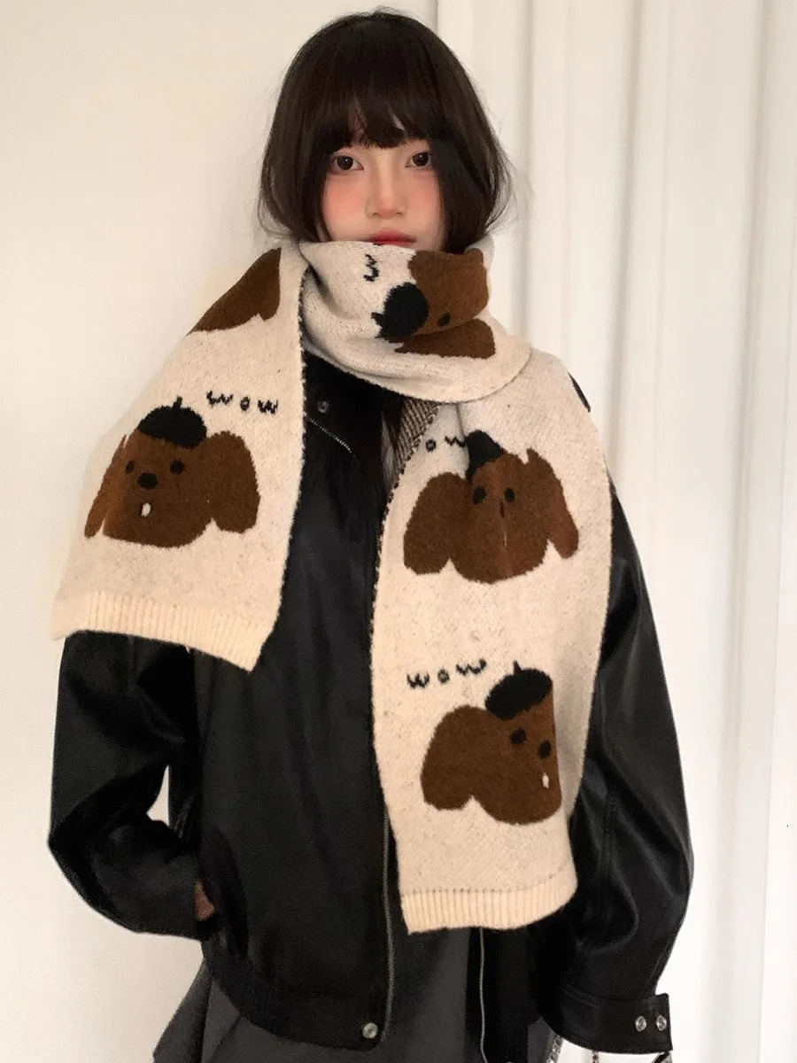Cute Cartoon Small Dog Wool Blend Knit Scarf For Women Autumn And Winter Korean version Warm Neck Scarf Anti-Cold Gray 250807
