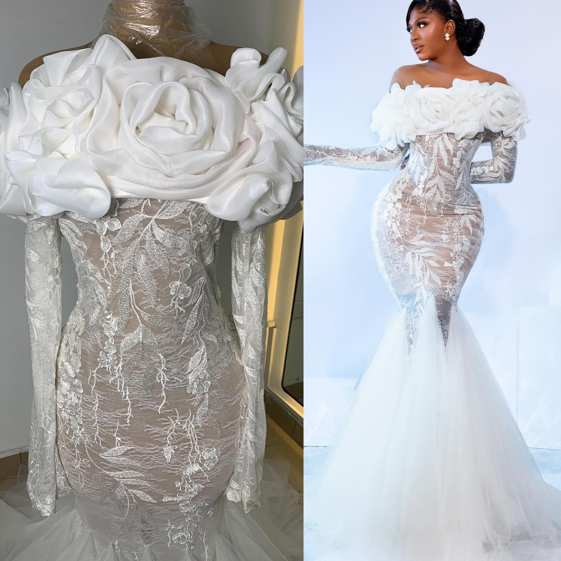 2025 Aso Ebi Plus Size Ivory Mermaid Wedding Dress Illusion Lace Full Sleeves Flowers Vintage Bridal Gowns Dresses ZJ0686
