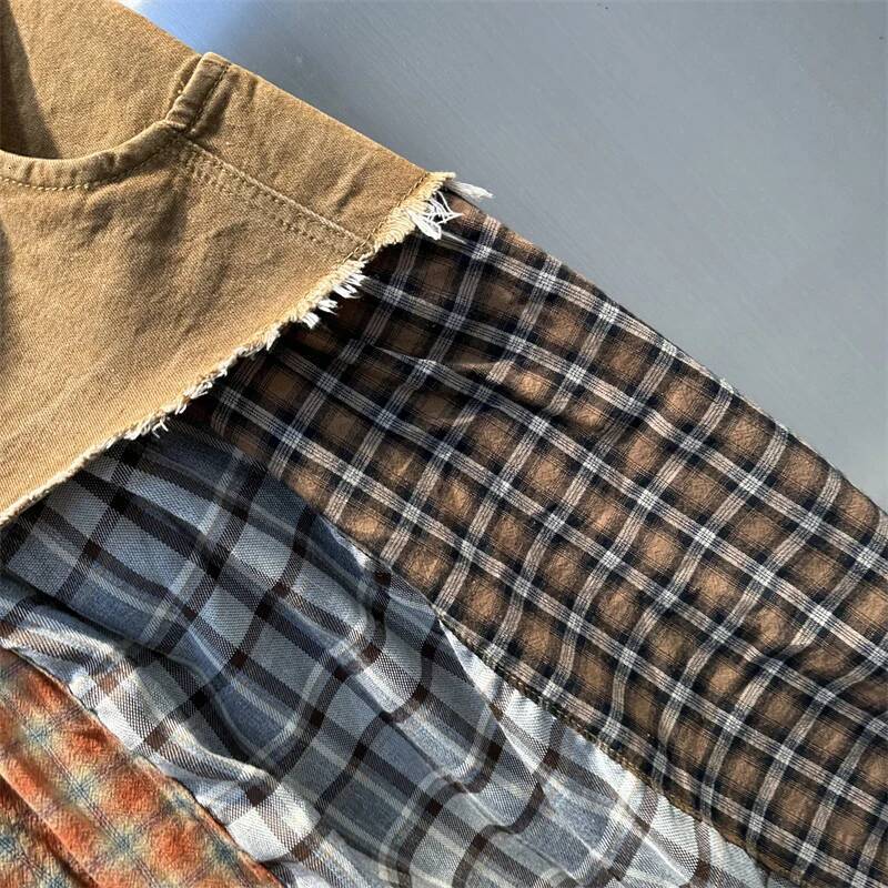 2025 Summer New Women's DEAT Women's Fashion Checkered Cowboy Patch Contrast Color fashion Skirt Spring New Casual A-line Skirt Female New D