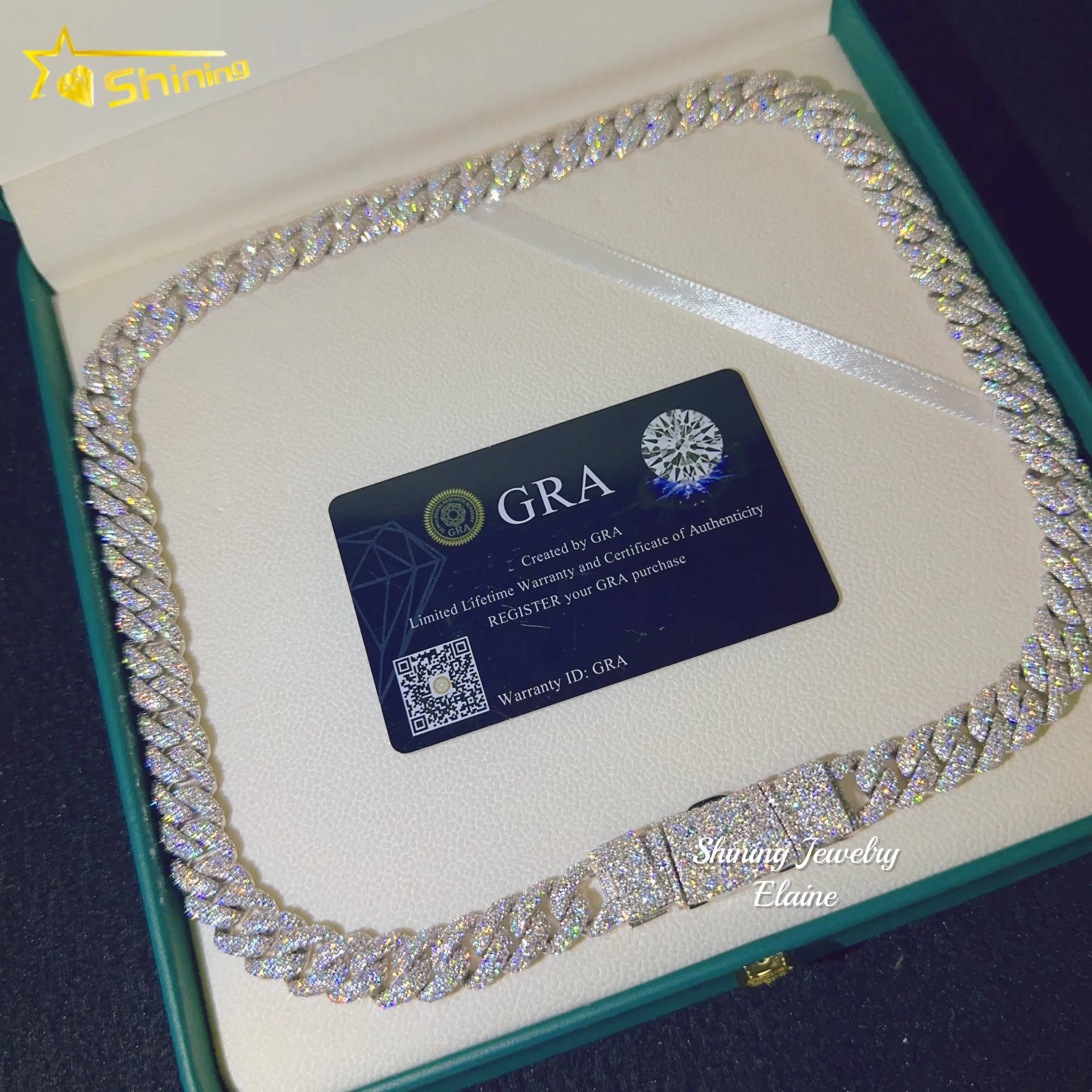 Wholesale Price 12MM Necklace 925 Sterling Silver Iced Out Hip Hop VVS Moissanite Diamond Cuban Bracelet Link Chain