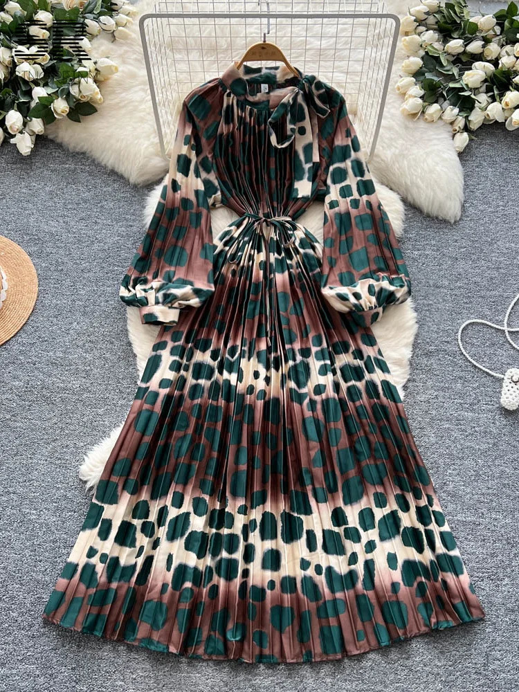 SINGREINY Elagant Print Pleated Dress Female Lantern Sleeves Temperament Bow Lace Up n Women Fashion Evening Dresses 250728