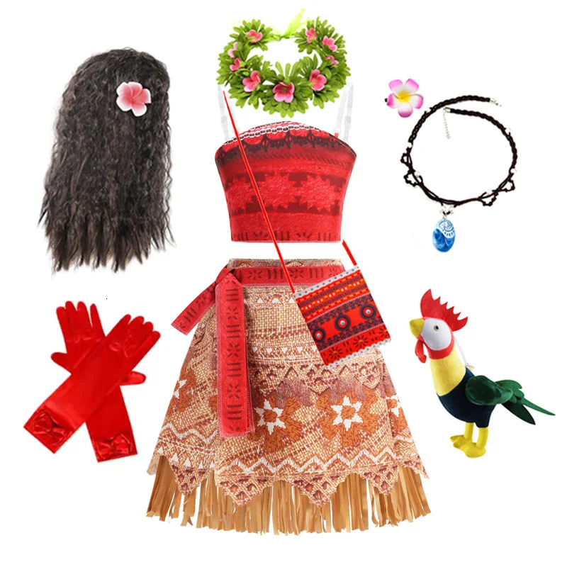 Girls Moana Princess Dress for Kids Carnival Cosplay Vaiana Costume Children Birthday Party Headwear Necklace Flower Clothes Set 250807