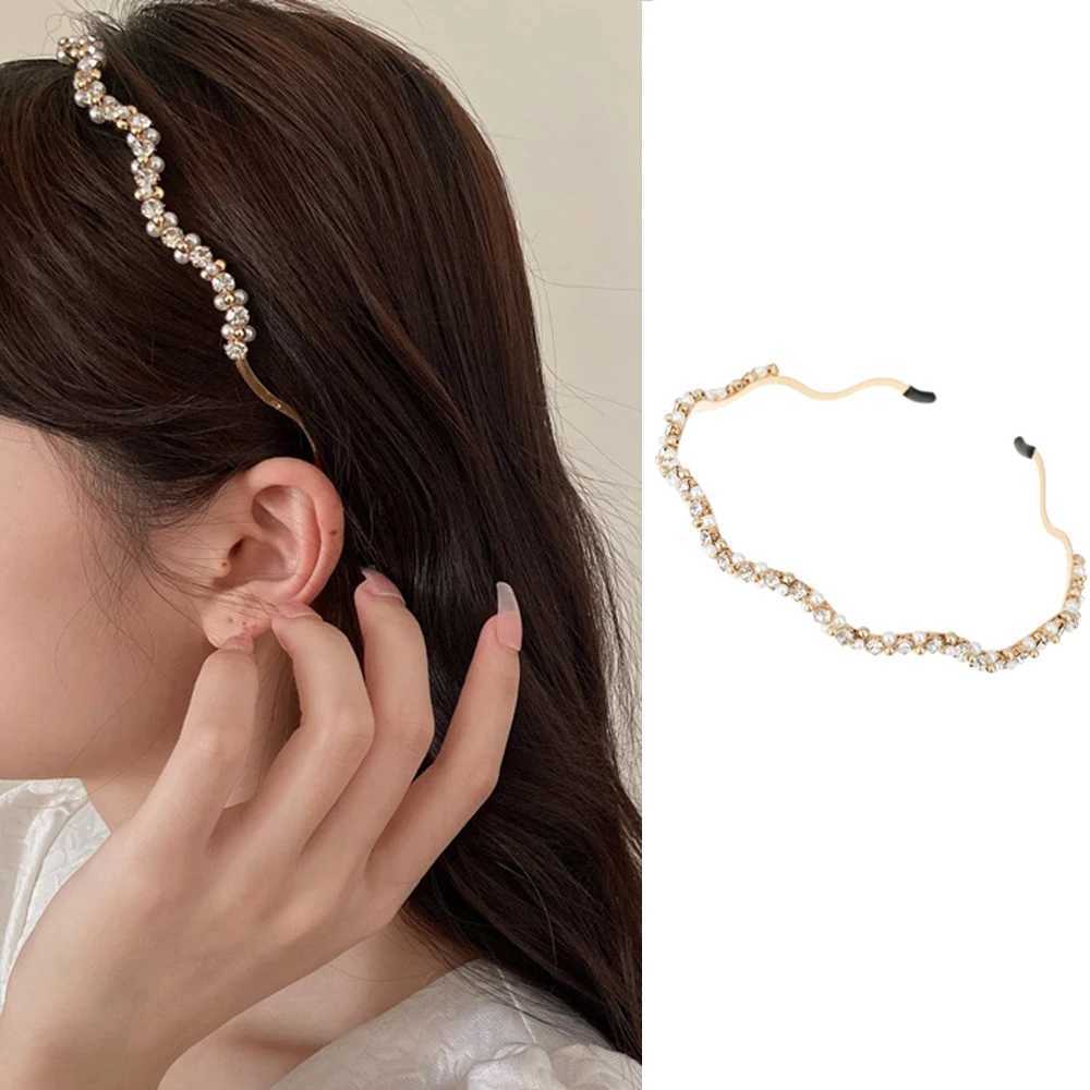 Pearl Rhinestone Wavy Hoop Band Wen Shiny Crystal Bands Girls Photo Travel Styling Bezel Hair Hoops Y250808