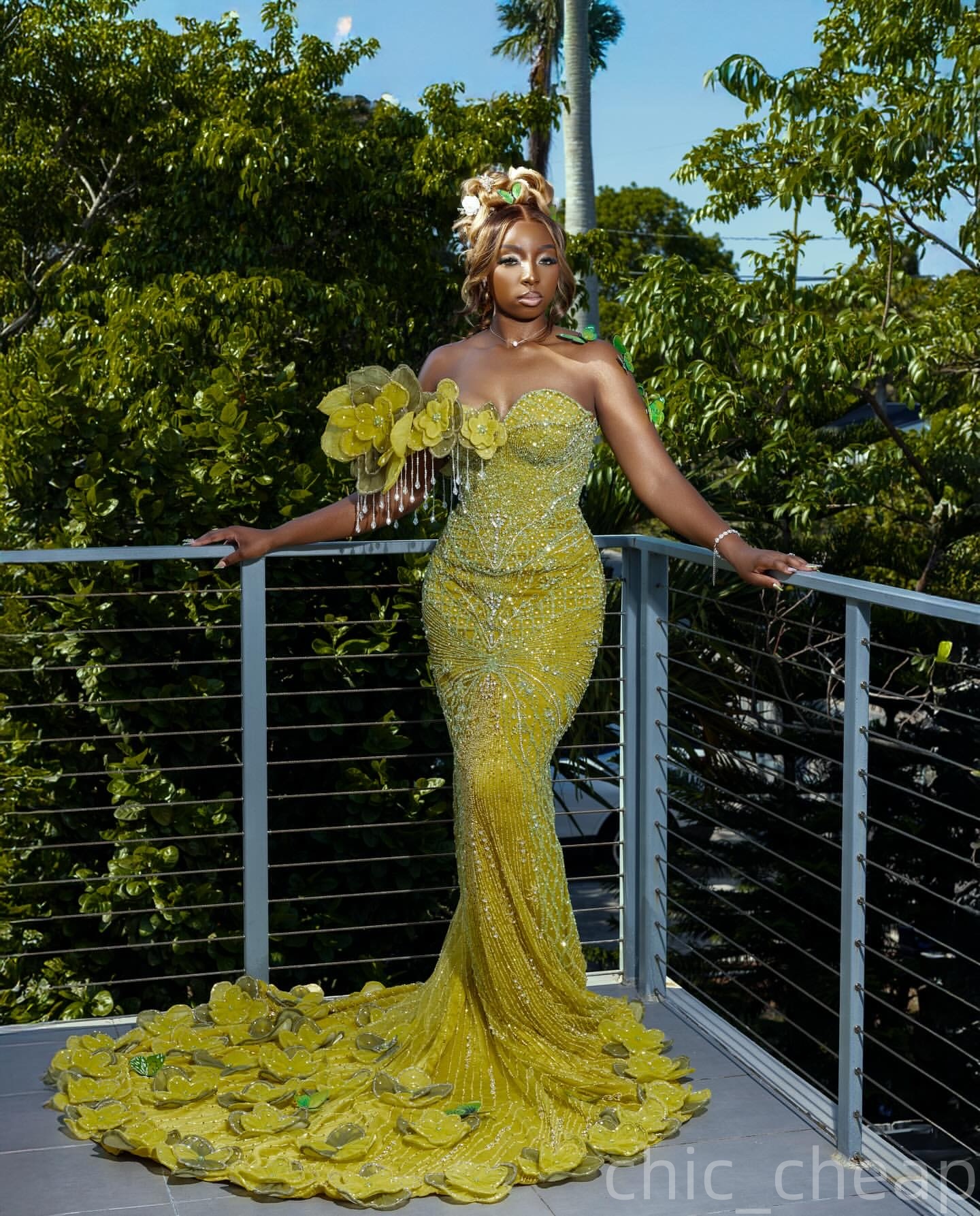 Mermaid Yellow Prom Dresses 2025 Flowers Crystals Sequined Luxurious Evening Formal Party Second Birthday Engagement Gowns Plus Size Dress For Special