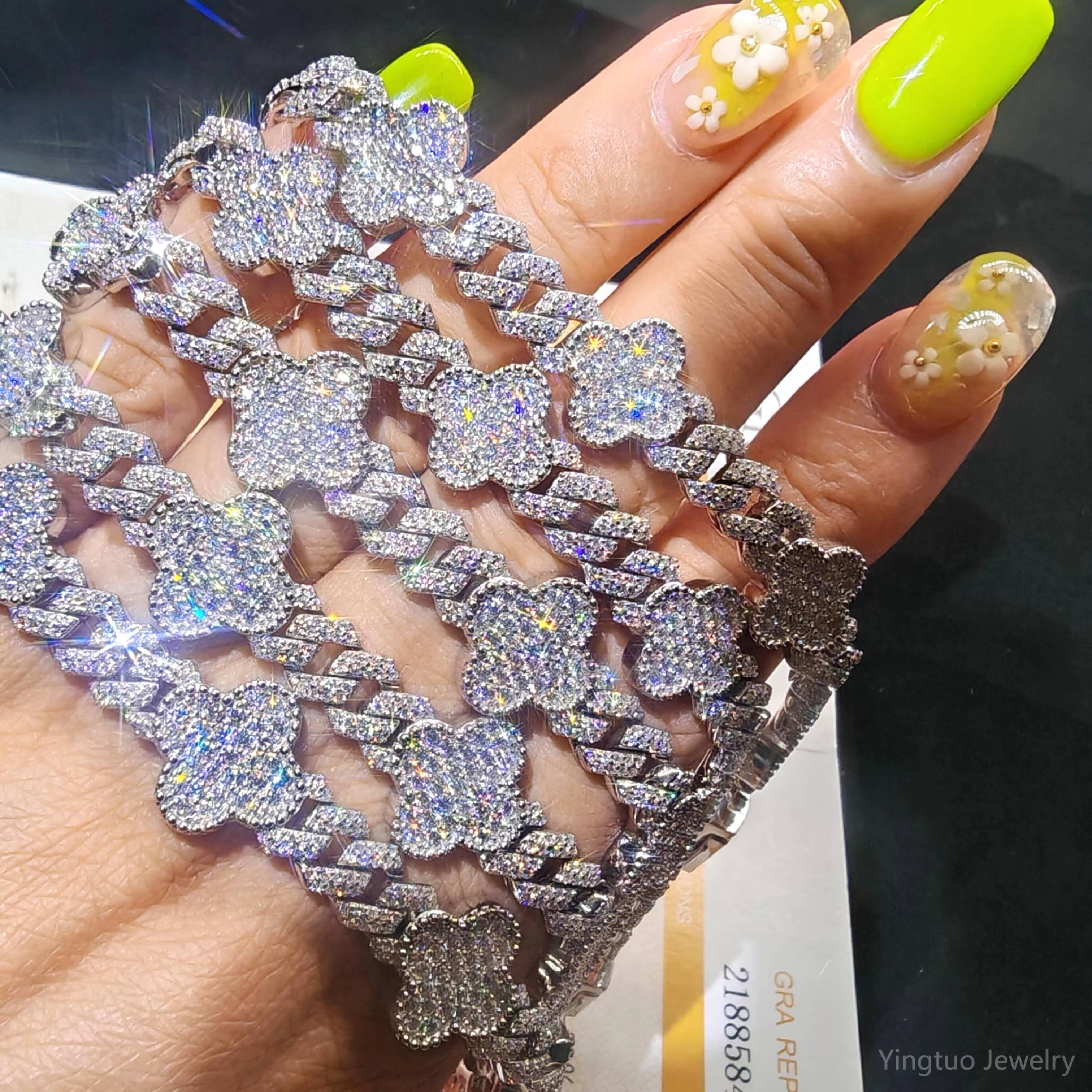 Yingtuo Jewelry Four Leaf Clover Bracelet S925 Silver D VVS1 Hip Hop Moissanite Bracelet Cuban Link Chain Bracelet