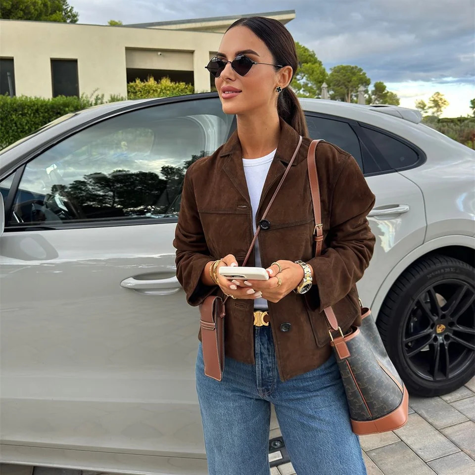 PB ZA autumn womens clothing fashionable temperament slim fit simple versatile short suede jacket 250805