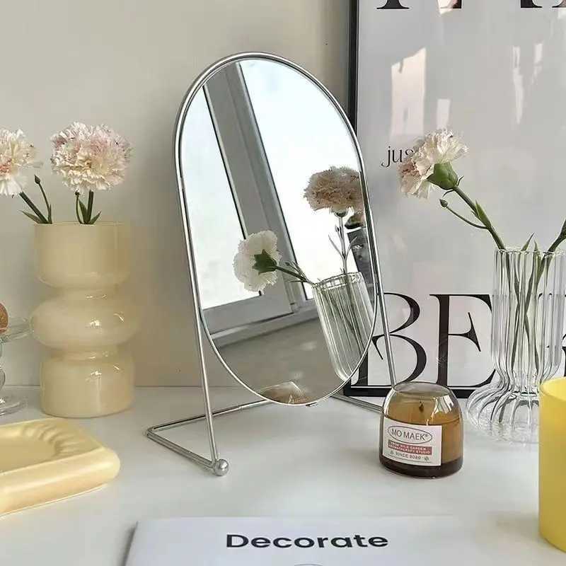 Rotating Oval Makeup Mirror Metal Standing Mirror Bathroom Desk Standing Korean Hairdressing Mirror Wall Mirror Home Bedroom Decor Z250807