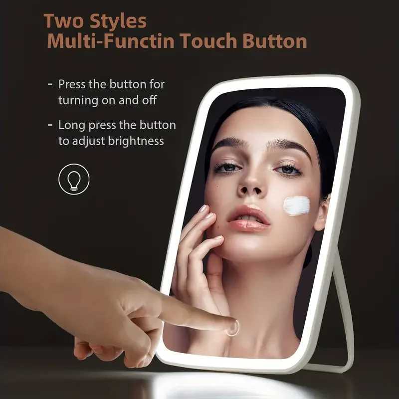 LED Makeup Mini Mirror with Stand Desktop Folding Compact White Square Travel Makeup Mirror with Light Dry Battery and USB Plug Z250807