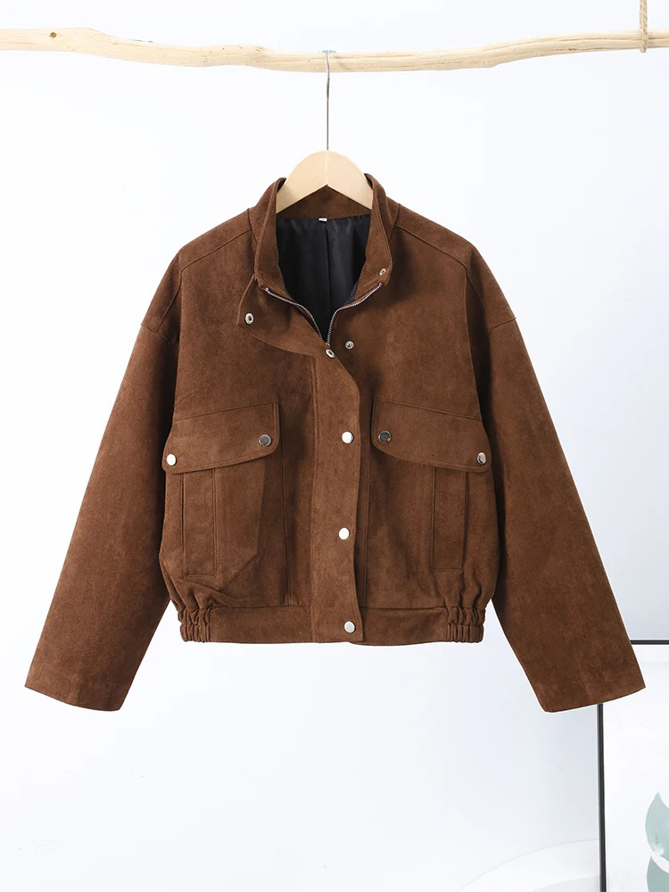 Urban Vintage Brown Suede Short Jackets Women Long Sleeve Zipper Pocket Bomber Coats Spring Fashion Lady Street Outwears 250805