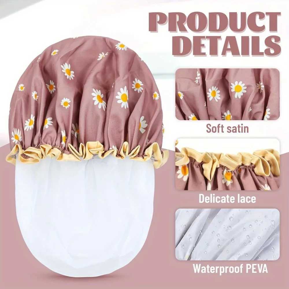 Satin Lined Shower Cap Adjustable Waterproof Bath Hair Bonnet with Silky Fabric for Women Travel Z250808