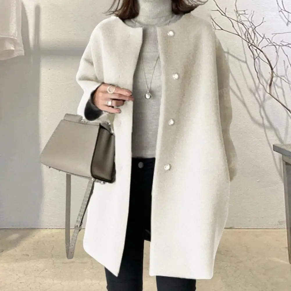Round Neck Coat Stylish Woolen Coat for Women Button-down Round Neck Outerwear Mid Length Jacket for Fall Winter for Commuting 250805