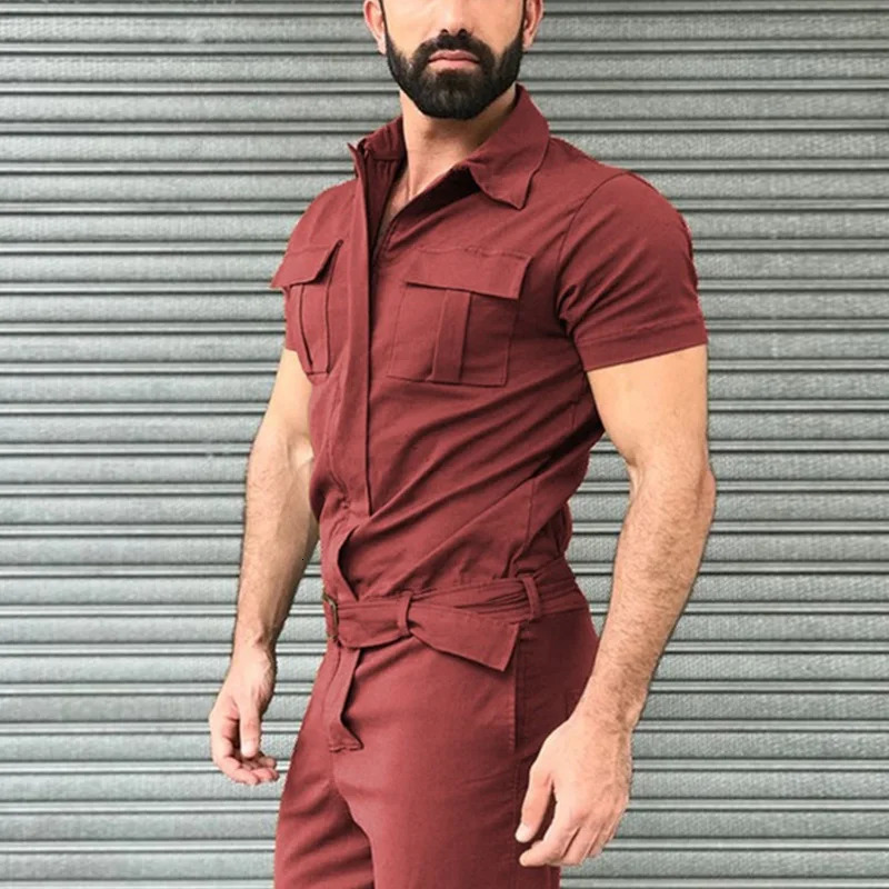Men Pants Casual Onepiece Suit Spring Summer Fashion Jumpsuits Short Sleeve Belt Clothing Solid 250804