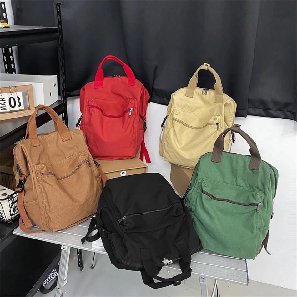 Solid Color Women Canvas Backpack Vintage School Bag for Teenage Girl Outdoor Travel Handbag Purses Book Bag Rucksack 250807