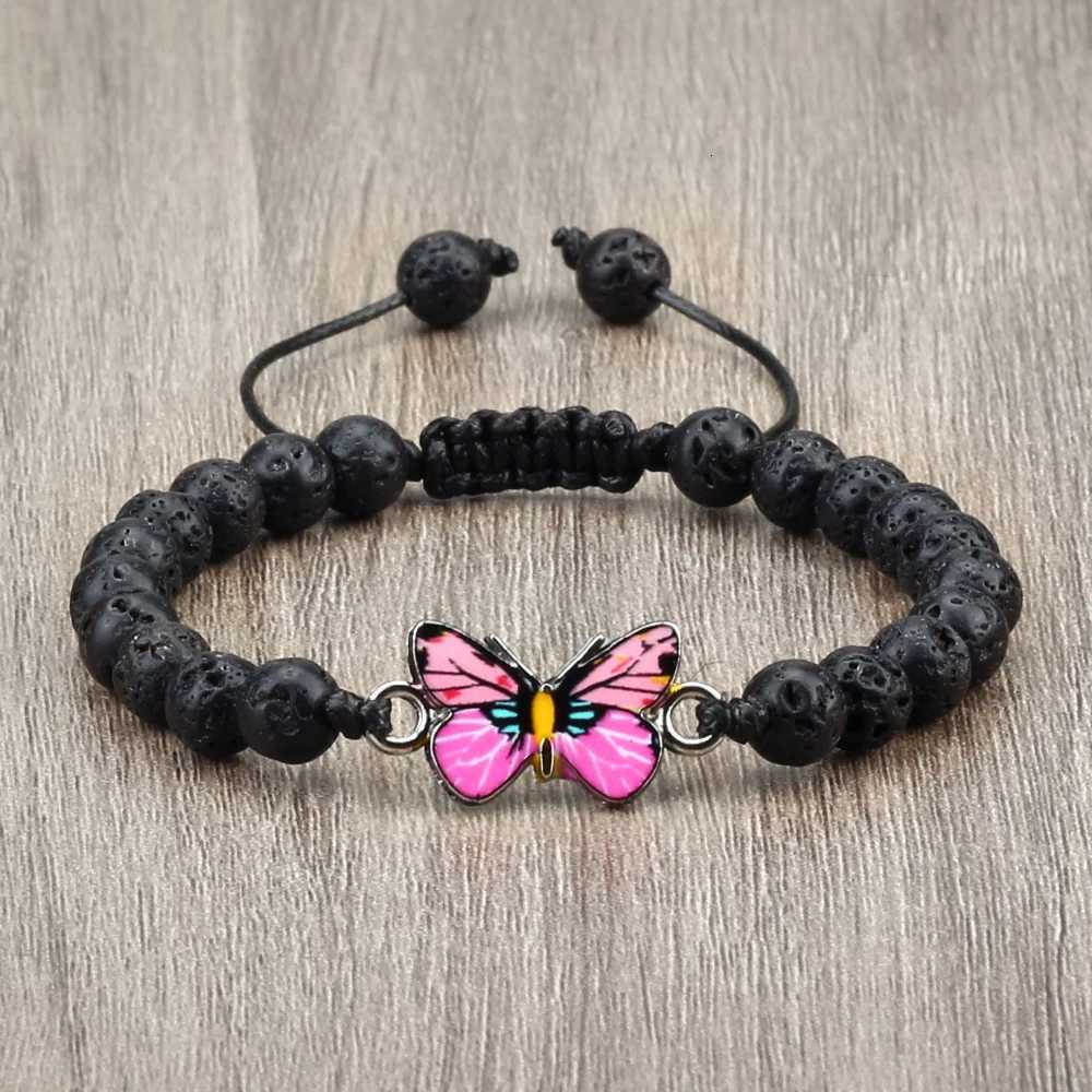 Charm Women Pink Butterfly Bracelet 6mm Natural Tiger Stone Black Lava Onyx Beads Bracelets Bangles Handmade Womens Wrist Jewelry Z250807