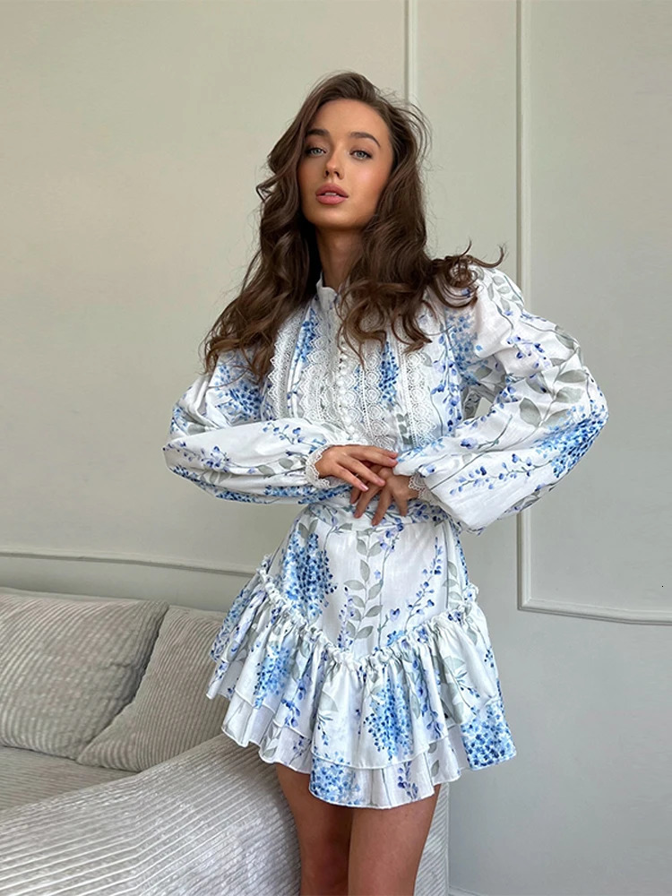 Casual Print Mini Dress Women Loose O Neck Long Sleeves Belt Lace Vestidos Female 2025 Summer Fashion Chic Ruffles Dresses 250728