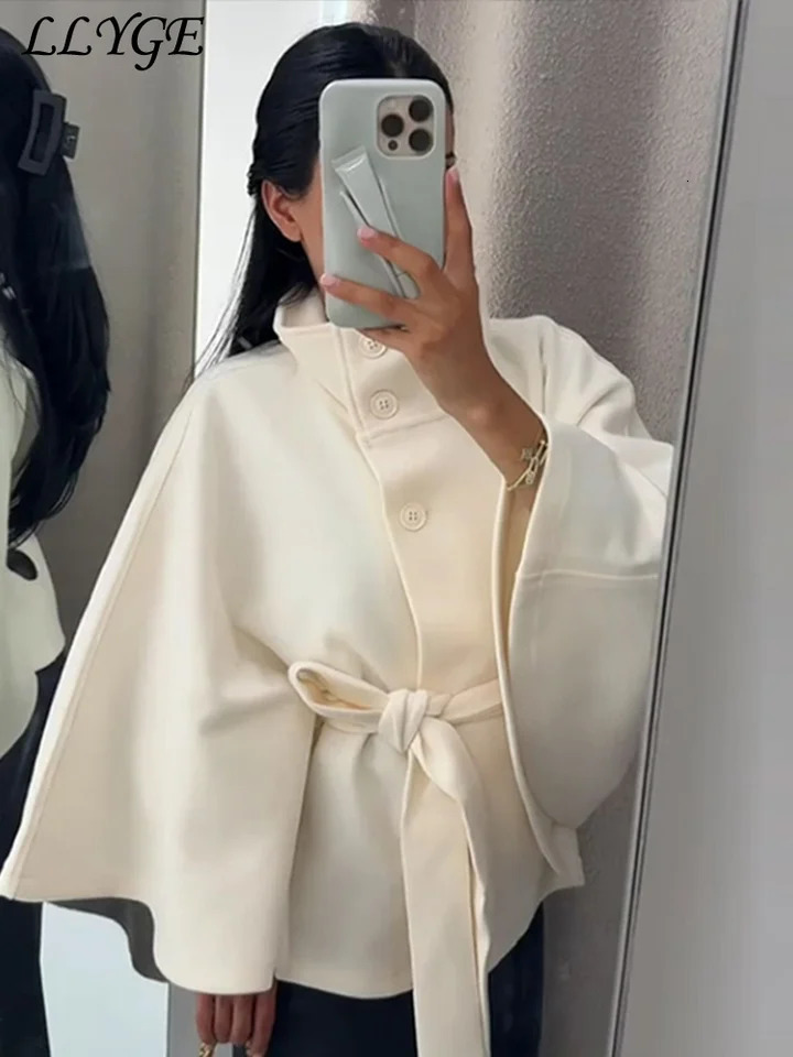Elegant Womens Cape Belt Woolen Coats Loose Stand Collar Singlebreasted Batwing Sleeve Jacket 2025 Autumn Lady Chic Outwear 250808