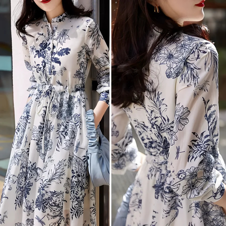 Womens spring and fall vintage print dress interpretation of elegant temperament lace-up slim French long sleeve long skirt 250728