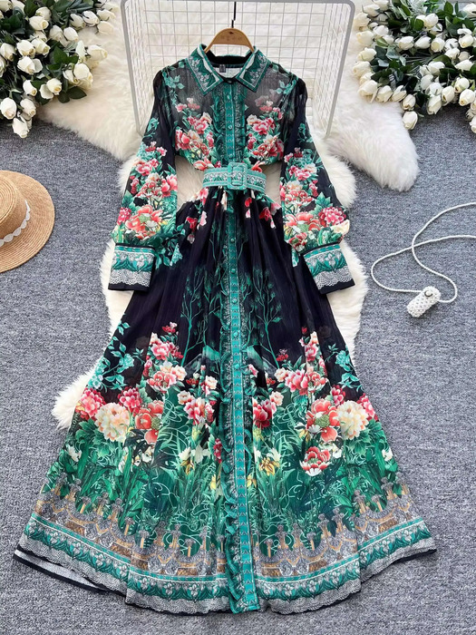 Elegant Style Single Breasted Long Sleeve Floral Maxi Dresses Shirt Women Casual Print Chiffon Dress 250728