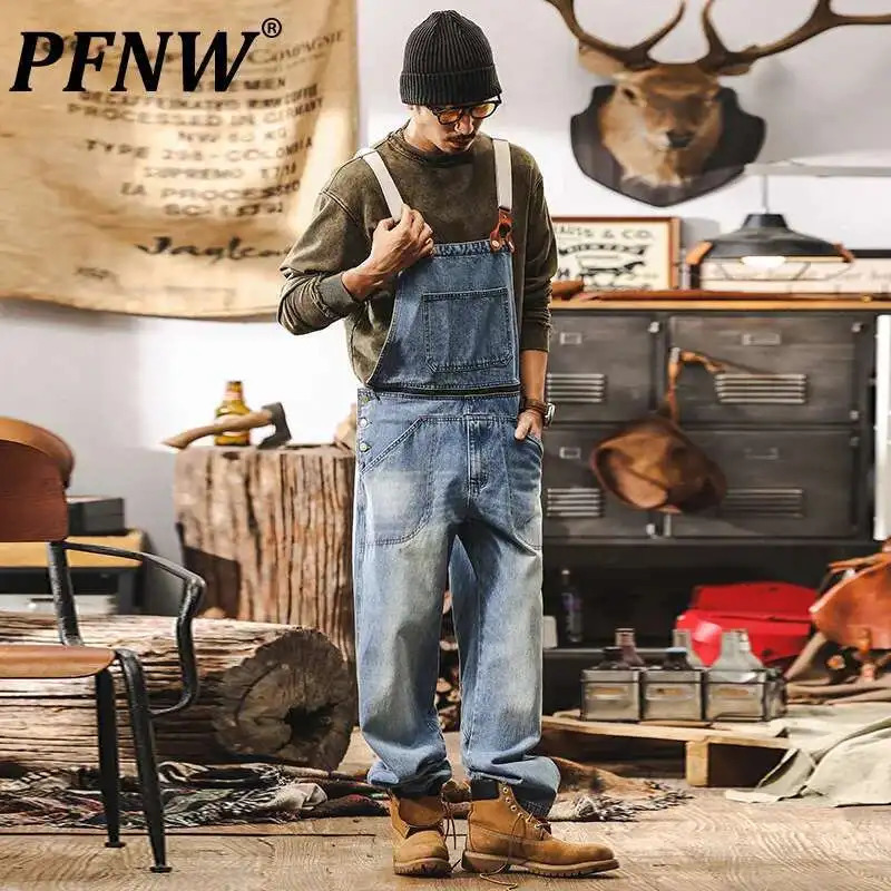 PFNW Mens Denim Overalls With Adjustable Straps Light Blue Jeans MultiPocket Casual Workwear 2025 Spring 28W6278 250804