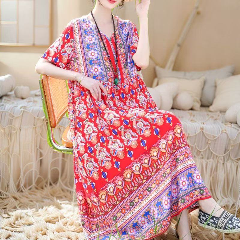 plus size women's new long sleeve high waist printed banquet dress mid-length skirt D02469